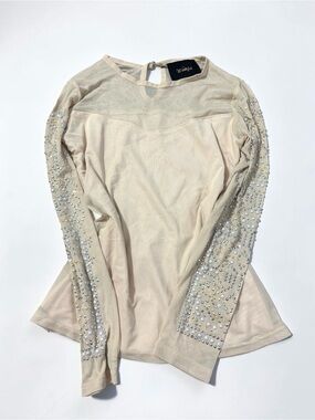 Beaded Nude Pearl Rhinestone Mesh Top Bejeweled Sheer Y2K Glam L
